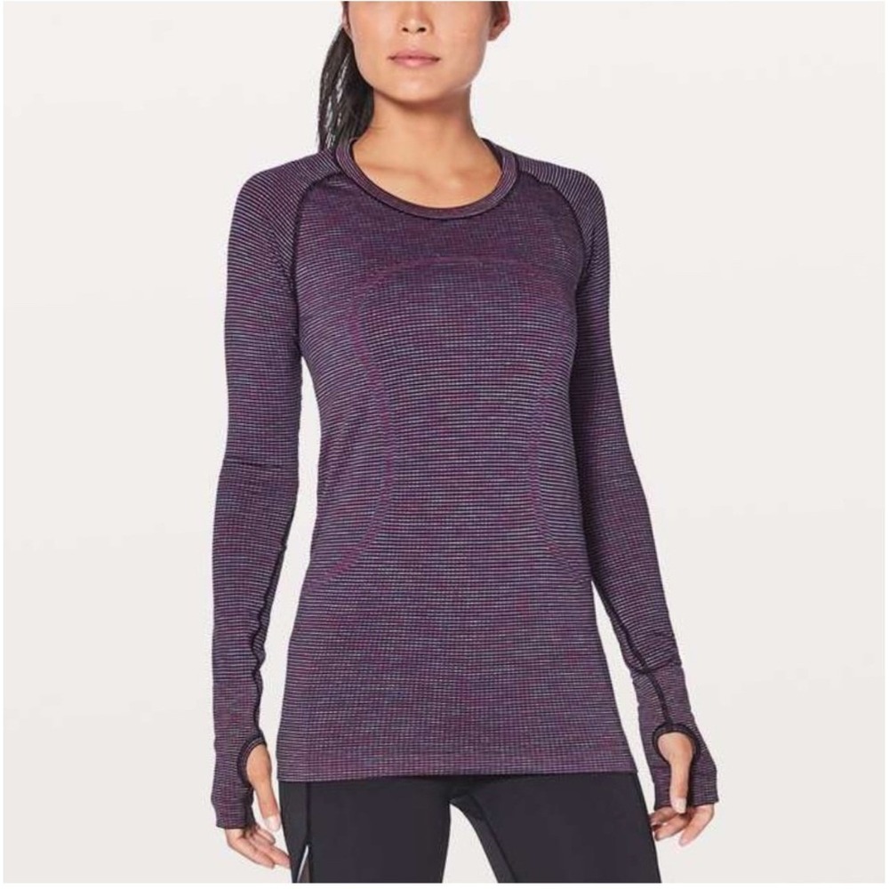 Lululemon Athletica Swiftly Tech Long Sleeve Crew Purple Stripe Thumbholes 6
